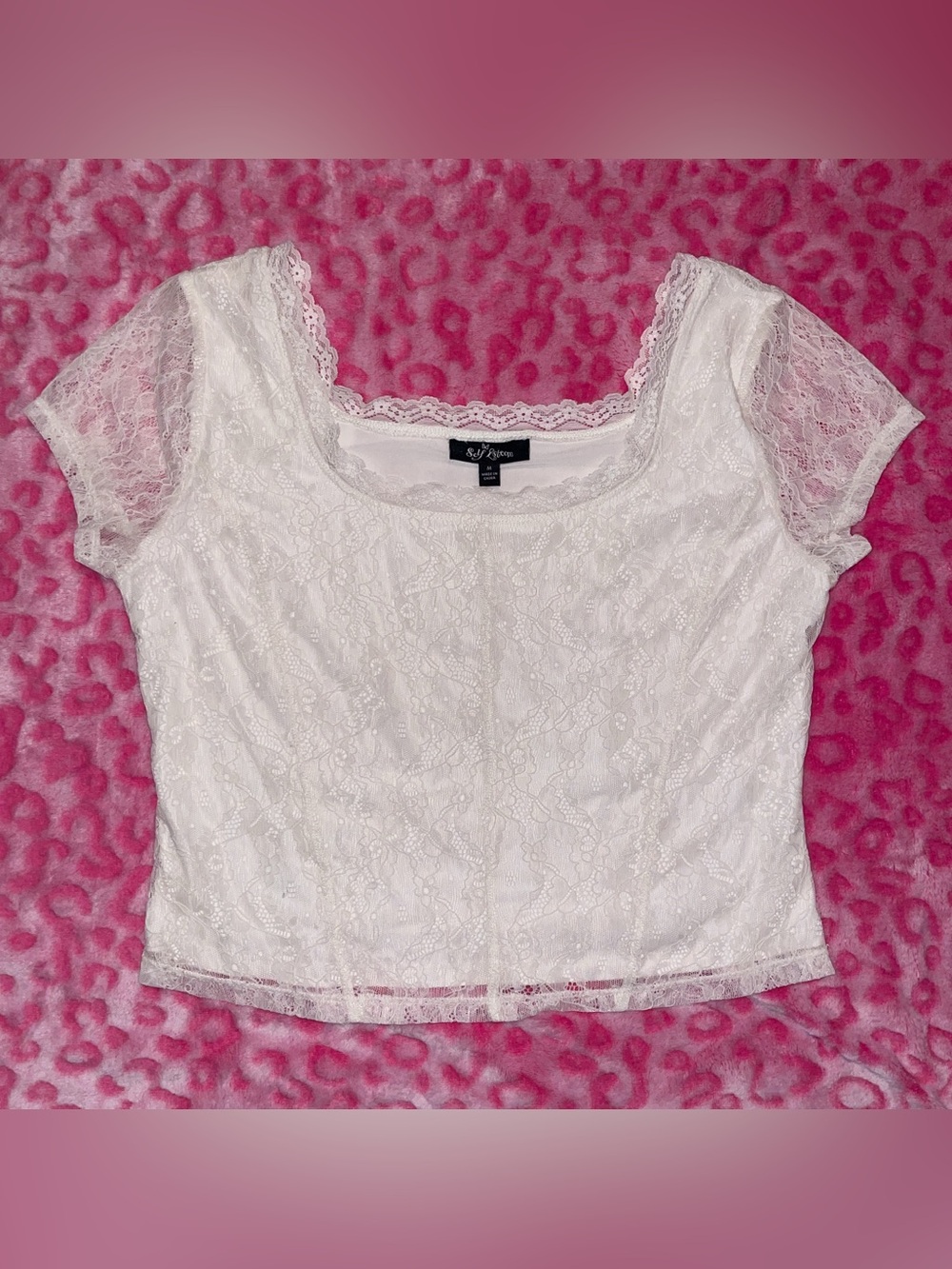 Y2K Self Esteem cream white floral lace crop top